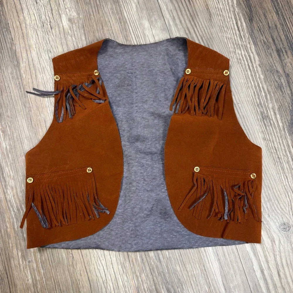 Kids Brown Vintage Faux Suede Western Fringe Vest Cowboy Cowgirl Costume Studded
